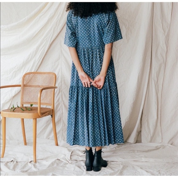 Christy Dawn Theo Dress Womens Small Blue Indigo Petunia Dot Midi Tiered Cottage - Picture 4 of 16